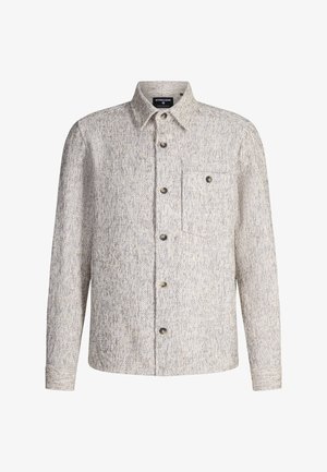 Koszula z długim rękawem, zapinana na guziki, w teksturowanym wzorze beżowo-szarym, z pojedynczą kieszenią na piersi i kołnierzykiem.