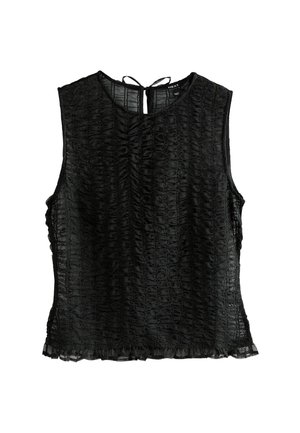 Top negru fără mâneci dintr-un material texturat, cu un design plisat și un tiv ondulat. Se leagă la spate pentru o ajustare personalizată.