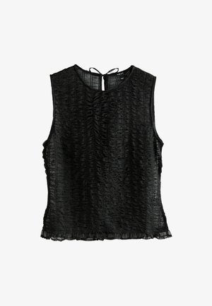 Czarny top bez rękawów o teksturowanej tkaninie, z marszczonym wzorem i falbaną u dołu. Wiązania z tyłu umożliwiają regulację dopasowania.