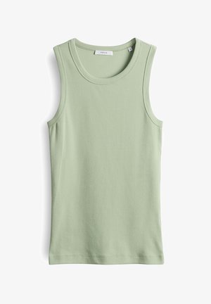 Lichtgroene mouwloze top van ribstof. Met een ronde halslijn en schouderbanden. Eenvoudig, aansluitend ontwerp. Geen patronen of accenten.