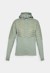 Lys grøn zip-up jakke med polstret bryst- og skulderpaneler, hætte, sidelommer og mærke-logo på venstre bryst.