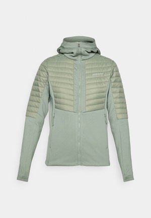 Lichtgroene zip-up jas met gewatteerde borst- en schouderpanelen, capuchon, zijzakken en merklogo op de linkerborst.