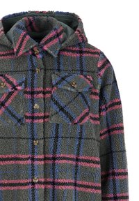 Fleecejack in grijs, met een geruit patroon van roze en blauwe lijnen. Bevat een capuchon en twee borstzakken met knoopsluitingen.