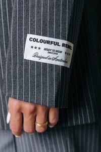 Sötétszürke csíkos anyagon a "COLOURFUL REBEL" feliratú címke látható egy kabátujjban, fehér szöveggel és fekete kiegészítőkkel. Arany gyűrűk látszanak a kézen.