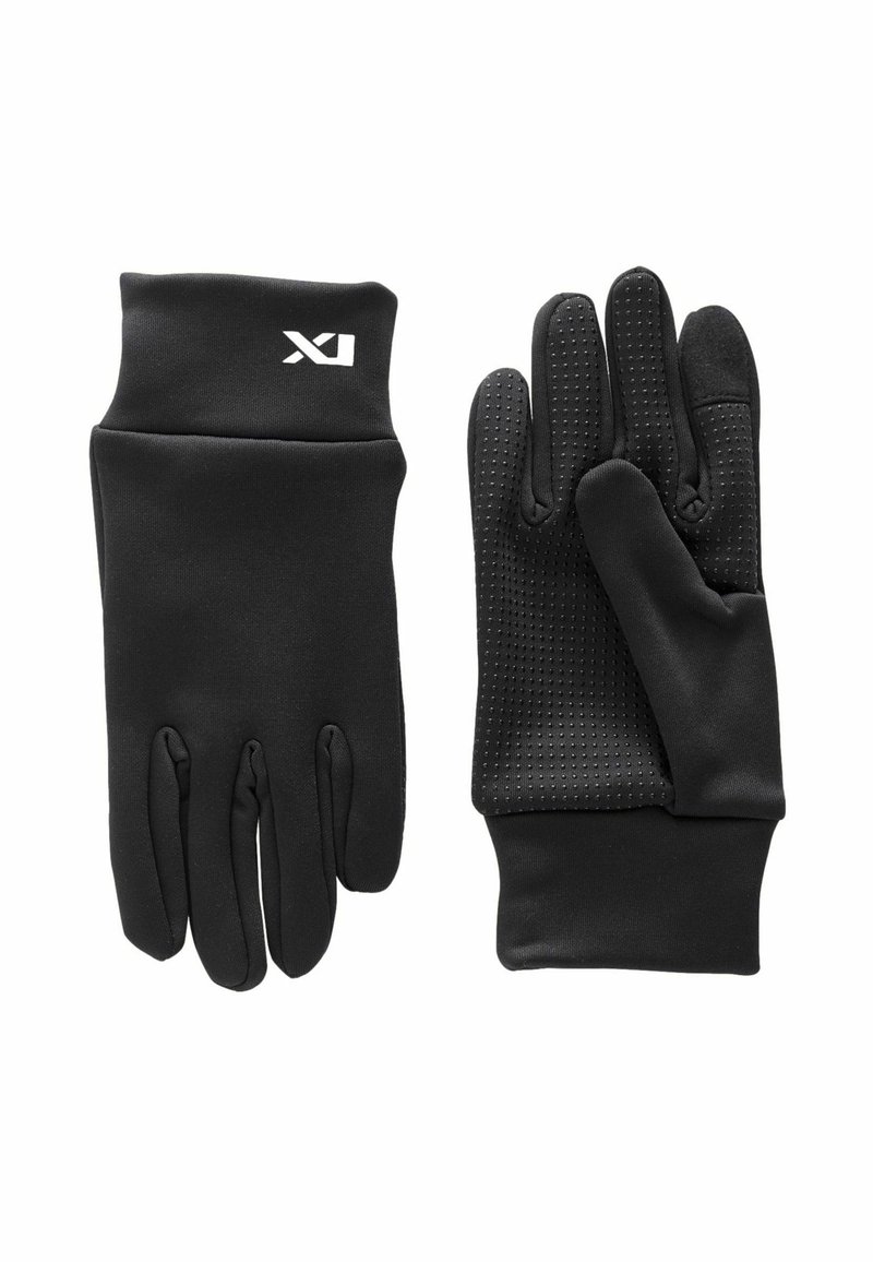 Gants noirs en tissu extensible avec une prise texturée sur les paumes. Présentent un poignet ajusté et un logo sur le dos.