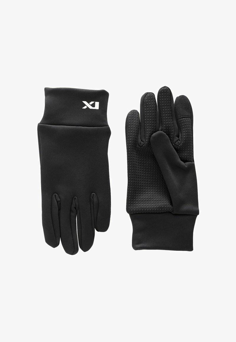 Schwarze Handschuhe aus dehnbarem Stoff mit texturiertem Griff auf den Handflächen. Verfügt über einen engen Bund und ein Logo auf der Rückseite.