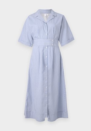 Striped shirt dress in light blue and white, featuring a collar, short sleeves, button placket, and a belted waist for shaping.