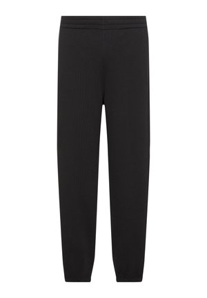 Fekete, szűkített szabású melegítőnadrág elasztikus derékpánttal és mandzsettákkal, alkalmi vagy sportos viseletre tervezve.