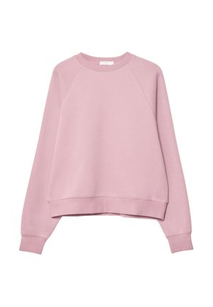 Svetloružový sweatshirt s okrúhlym výstrihom, raglánovými rukávmi a skráteným lemom. Vyrobený z mäkkého materiálu s hladkou textúrou.