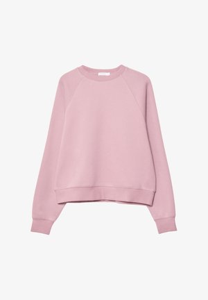 Ljusrosa sweatshirt med rund halsringning, raglanärmar och kortat fåll. Tillverkad av mjukt material med en slät yta.