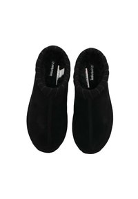 Pantofole in suede nero con rivestimento morbido, punta arrotondata e dettagli del colletto a coste. L'esterno presenta una texture uniforme, con cuciture rinforzate lungo i lati.