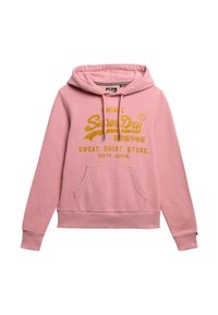 Roze sweatshirt met capuchon, voorzien van een voorzak in kangoeroestijl. Gouden opdruk met de tekst "Vintage SuperDry" en Japanse karakters. Gemaakt van katoen.