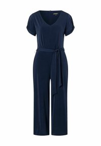 Marineblauer Jumpsuit mit kurzen Ärmeln, V-Ausschnitt und Taillengürtel. Hergestellt aus weichem Stoff mit glatter Textur und weitem Bein.