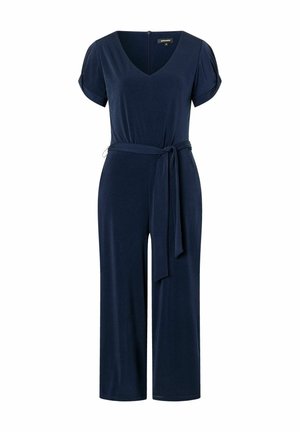 Marineblauer Jumpsuit mit kurzen Ärmeln, V-Ausschnitt und Taillengürtel. Hergestellt aus weichem Stoff mit glatter Textur und weitem Bein.