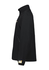 Black jacket featuring a high collar, side zip pocket, and a logo patch on the sleeve. Smooth texture with a tailored fit.