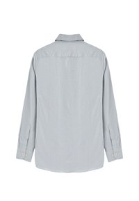 Camicia a maniche lunghe a quadretti azzurri, con colletto classico, polsini con bottoni e orlo dritto. Il tessuto ha una texture liscia.