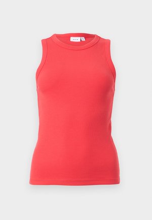 Ærmeløs ribbet top i lys koralrød med rund halsudskæring og tætsiddende pasform.