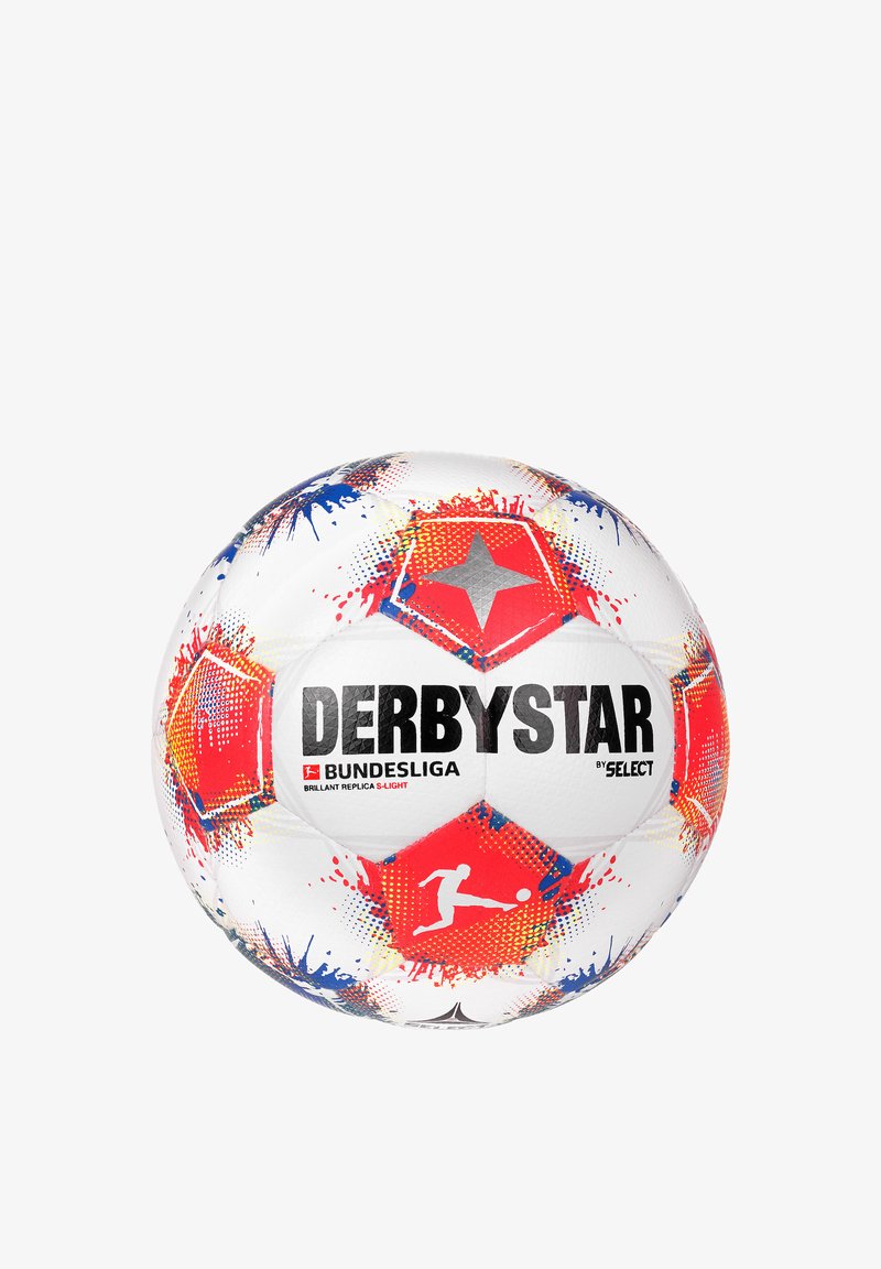 Pallone da calcio bianco con motivi splatter rossi e blu, marchio "DERBYSTAR" in nero e accenti argentati a forma di stella. Progettato per il gioco in Bundesliga.