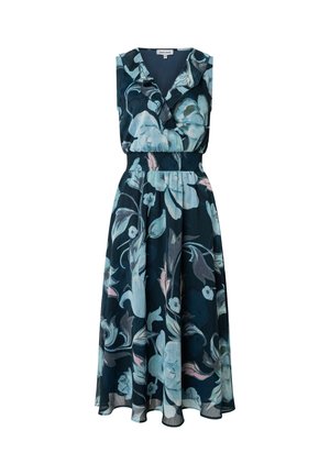 Ärmelloses, marineblaues Midikleid mit gerafftem V-Ausschnitt, tailliert und großem hellblauem Blumenmuster.