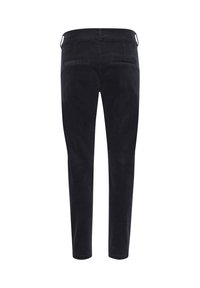 Slim-fit black corduroy trousers with a smooth texture, featuring two back pockets and a mid-rise waistband.