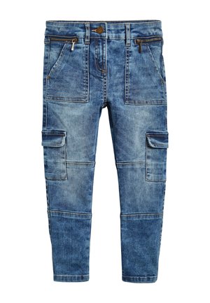 Blå denim cargobukser med lynlås- og klaplommer, knaplukning og forstærkede knæsyninger.