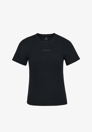 Schwarzes, kurzärmeliges Rippstrick-T-Shirt mit Rundhalsausschnitt und dezentem "hummel"-Logo mittig auf der Brust.
