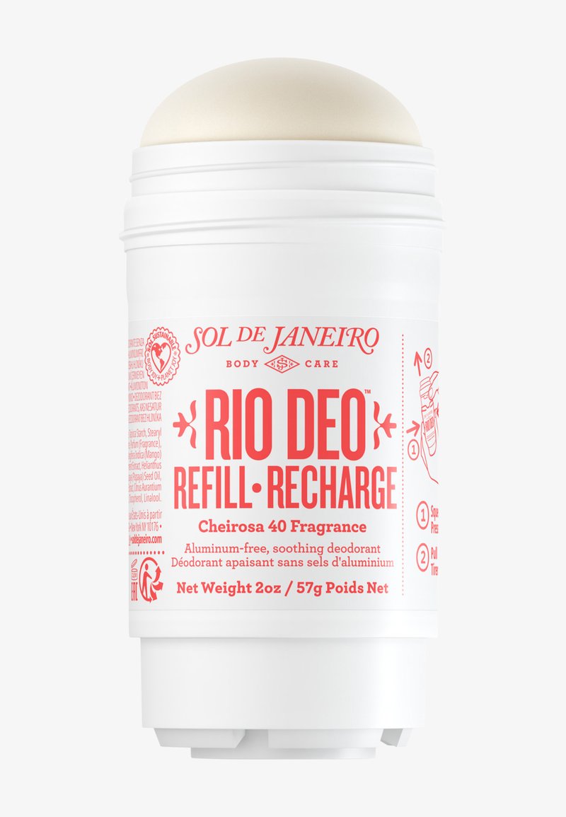 Biały sztyft dezodorantu oznaczony Sol de Janeiro Rio Deo Refill Recharge, zapach Cheirosa 40, bez aluminium, 2 oz, z instrukcjami produktu.
