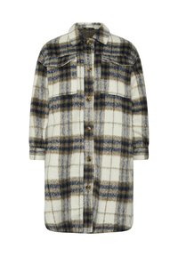 Karierte Hemdjacke in Creme-, Braun- und Blautönen. Hergestellt aus weichem, strukturiertem Stoff. Verfügt über zwei Brusttaschen und einen umklappbaren Kragen.