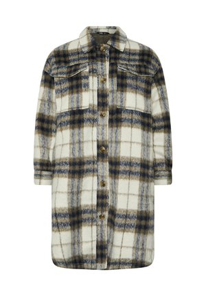 Geruite button-up shirt in crèmekleurige, bruine en blauwe tinten. Gemaakt van zachte, gestructureerde stof. Heeft twee borstzakken en een omklapbare kraag.