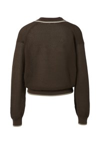 Pull en maille marron foncé à manches longues avec poignets, taille et col côtelés présentant de fines rayures blanches, vu de dos.