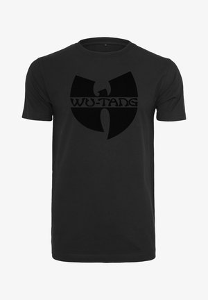 Black cotton t-shirt with short sleeves featuring a large, matte black Wu-Tang logo across the chest and a smooth, plain texture.