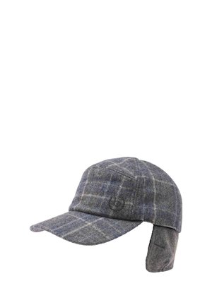 Gray plaid fabric cap with curved brim and attached ear flaps, designed for warmth and outdoor use.