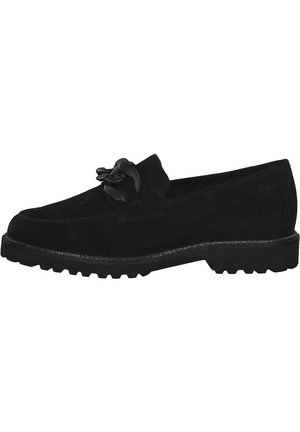 Schwarze Slipper aus Wildleder mit strukturierter Oberfläche, abgerundetem Zehenbereich und dekorativer schwarzer Schleife. Verfügen über eine robuste Gummisohle für besseren Halt.