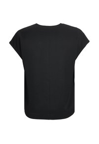 Blouse noire à manches courtes, coupe ample, avec un col rond et un ourlet droit, vue de dos sur fond blanc.