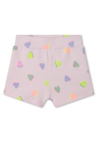 Pantaloni corti rosa realizzati in un tessuto morbido, decorati con un motivo di cuori colorati in verde neon, rosa e blu. Vita elasticizzata per il massimo comfort.
