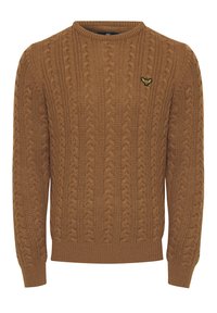 Brun kabelstrikket sweater med rund hals og ribbede manchetter. Har et lille, broderet logo på brystet. Struktureret stof.