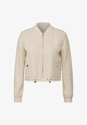 Beige cropped bomberjack met een ritssluiting aan de voorkant, elastische manchetten, zijzakken en koorden in de taille voor een verstelbare pasvorm.