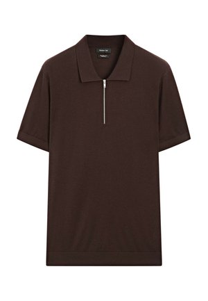 Brown short-sleeve polo shirt made of smooth fabric, featuring a flat collar and a quarter zip closure at the neck.