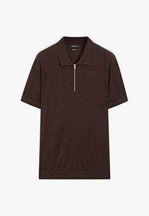 Brown short-sleeve polo shirt made of smooth fabric, featuring a flat collar and a quarter zip closure at the neck.