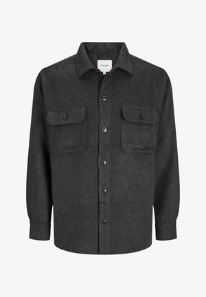 Dark gray, long-sleeve flannel shirt with a button-up front, two chest pockets, and a classic collar. Soft texture with a subtle pattern.