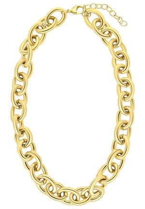 Guldhalskæde med store ovale led og en lås, der ligner en hummel, med en justerbar forlængelseskæde for varierende længde.