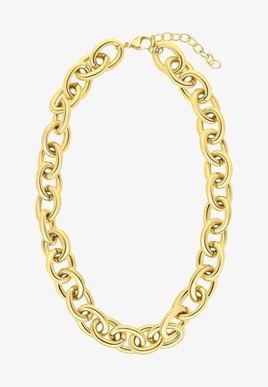Collier chaîne en or avec de grands maillons ovales et un fermoir mousqueton, avec une chaîne d’extension réglable pour des longueurs variées.