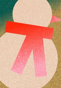 Σχέδιο χιονάνθρωπου με στρογγυλό σώμα από ανοιχτό ροζ υλικό με υφή, που τονίζεται με μια φωτεινή κόκκινη κασκόλ και μια ροζ τριγωνική μύτη, σε ένα λαμπερό φόντο.