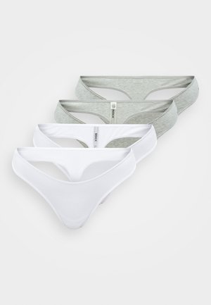 Quattro paia di infradito nei colori bianco e grigio. Materiale in cotone con una texture liscia e design minimalista. Presentano elastici stretti.