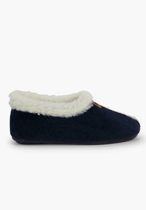 Navy blue slipper with white fluffy lining around the ankle and soft sole, designed for indoor comfort and warmth.