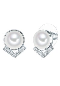 Pärlstudörhängen med en silvergeometrisk accent, som har en diamantliknande dekoration och en slät, reflekterande yta.