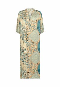 Pitkä, löysä mekko pehmeästä kankaasta. Kuvioitu tealin ja beigen sävyin geometrisin muodoinkin, joissa on kukkaisia yksityiskohtia. V-pääntie ja lyhyet hihat.