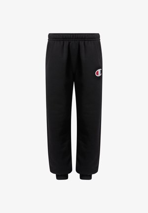 Zwarte joggingbroek met elastische tailleband en boorden, zijzakken en een klein rood-wit Champion-logo op de linker dij.