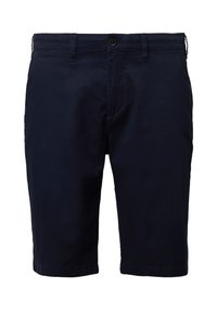 Navyblaue Shorts aus einem Baumwoll-Mischgewebe, mit Knopfverschluss, Gürtelschlaufen und geradem Saum. Glatte Textur mit minimalen Nähdetails.