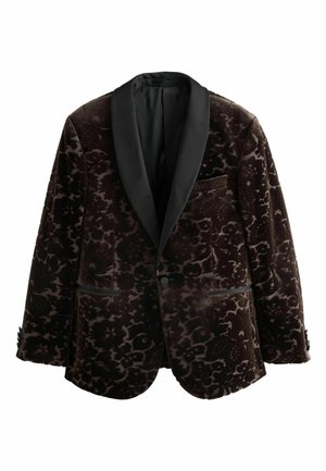 Black velvet blazer with floral pattern, satin peak lapel, single-button closure, and two front pockets; textured fabric enhances visual depth.